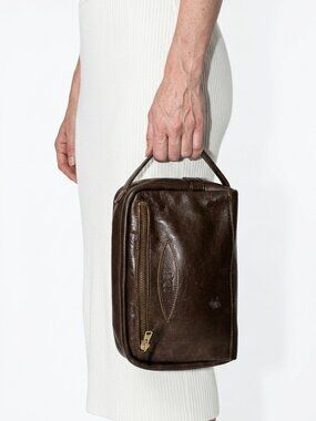 VINTAGE LEATHER TRAVEL POUCH BROWN ZIPPERED TOILETRY BAG WOMAN'S